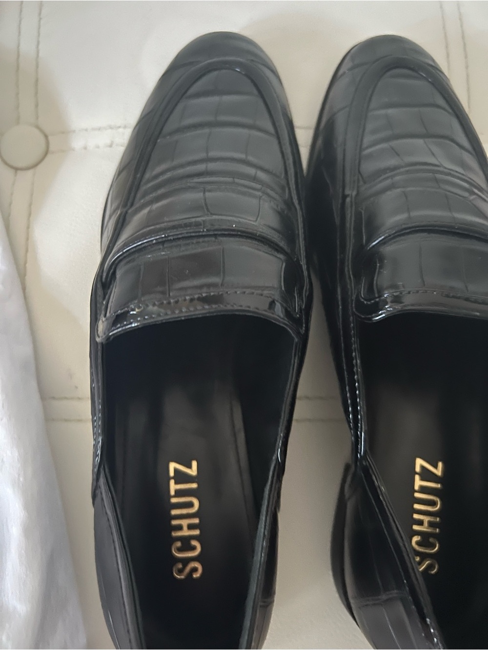 SCHUTZ Black Gloss Leather Penny Loafers